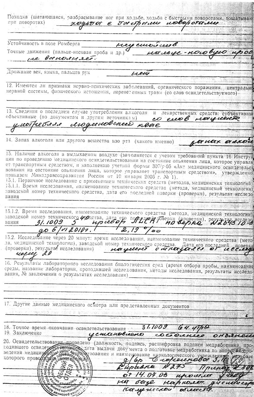 Акт освидетельствования на алкогольное опьянение в рб образец