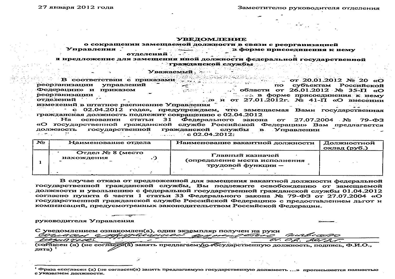 Сокращение предложили другую должность при отказе